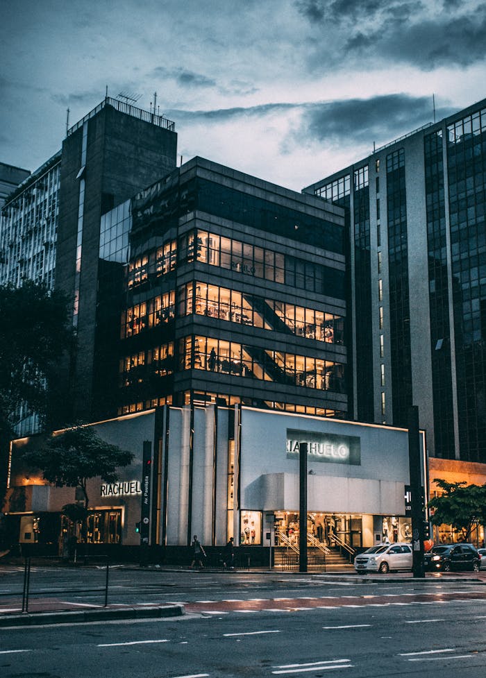 Black High Rise Building Under Grey and White Sky during Night Time